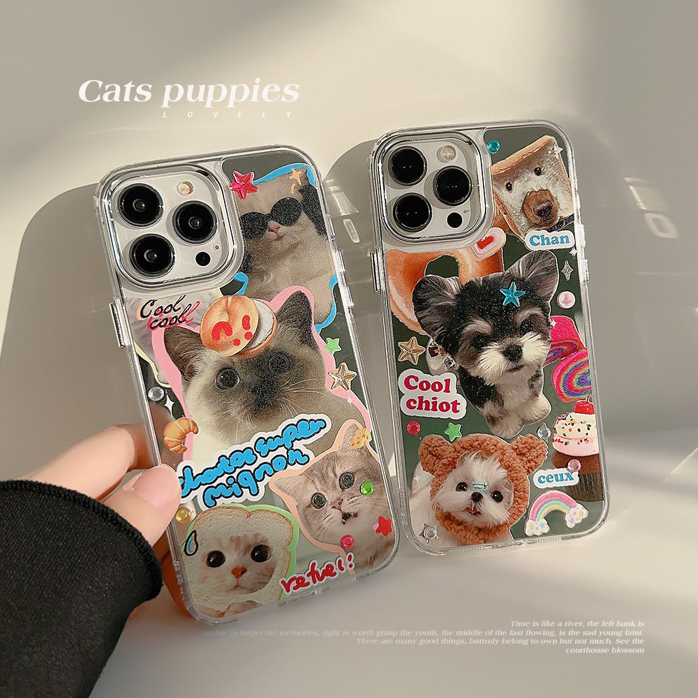 Drill sticker cat and dog electroplated mirror mobile phone case